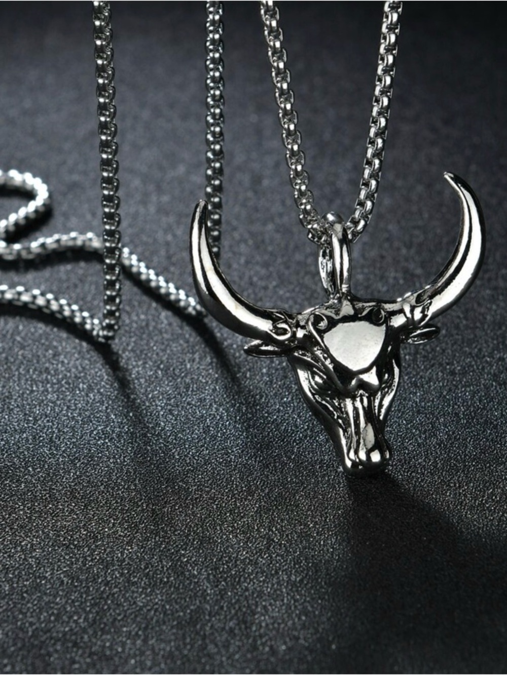 Silver Bull Skull Pendant Necklace - Polished Metallic